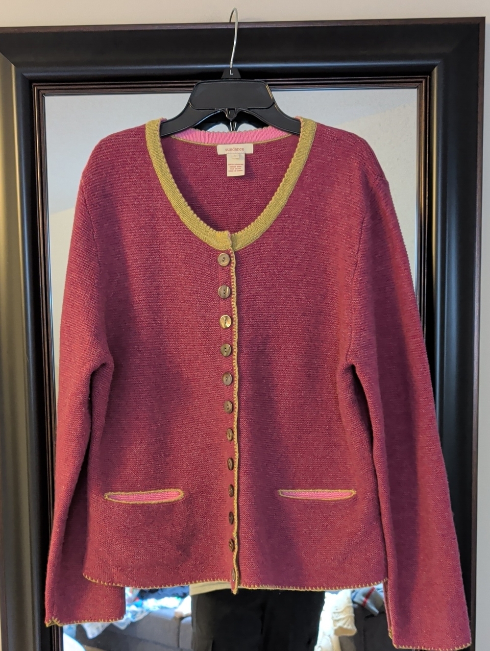 Sundance Raspberry 100% Merino Wool Knit Button-Front Sweater with Olive Trim